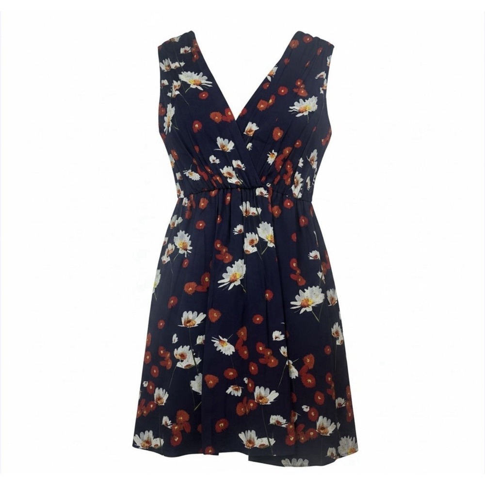 Alice + Olivia Floral V-Neck Sleeveless Mini Dress Navy Blue Daisy Print Women L